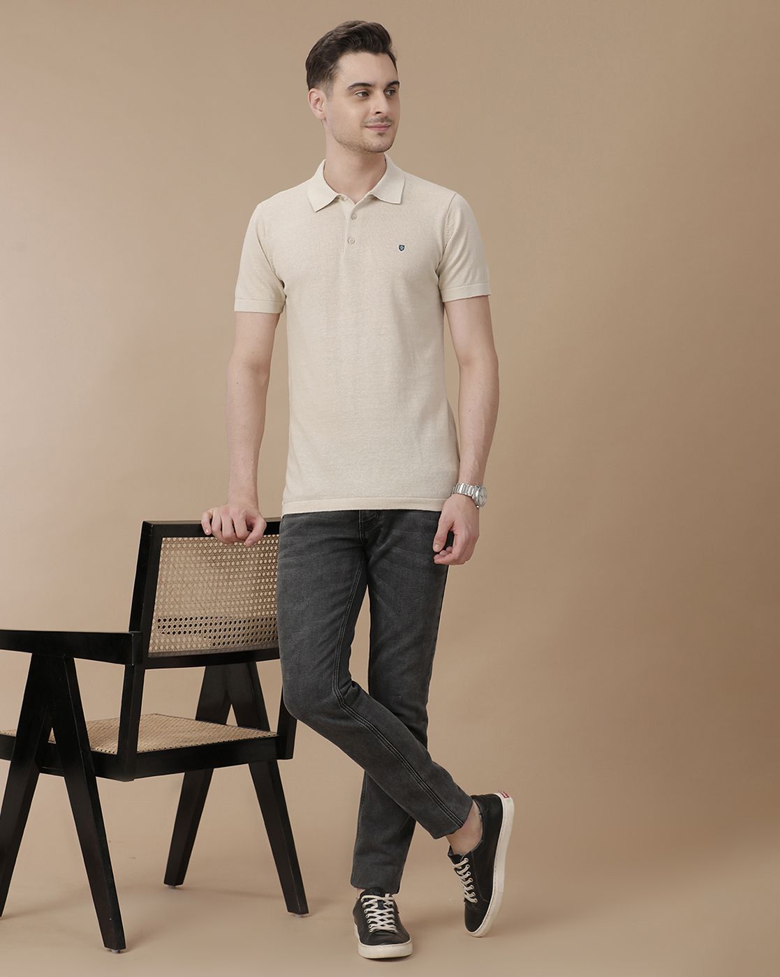 Men's Premium Blended Linen Beige Solid Contemporary Fit Half Sleeve Polo Neck Casual T-Shirt