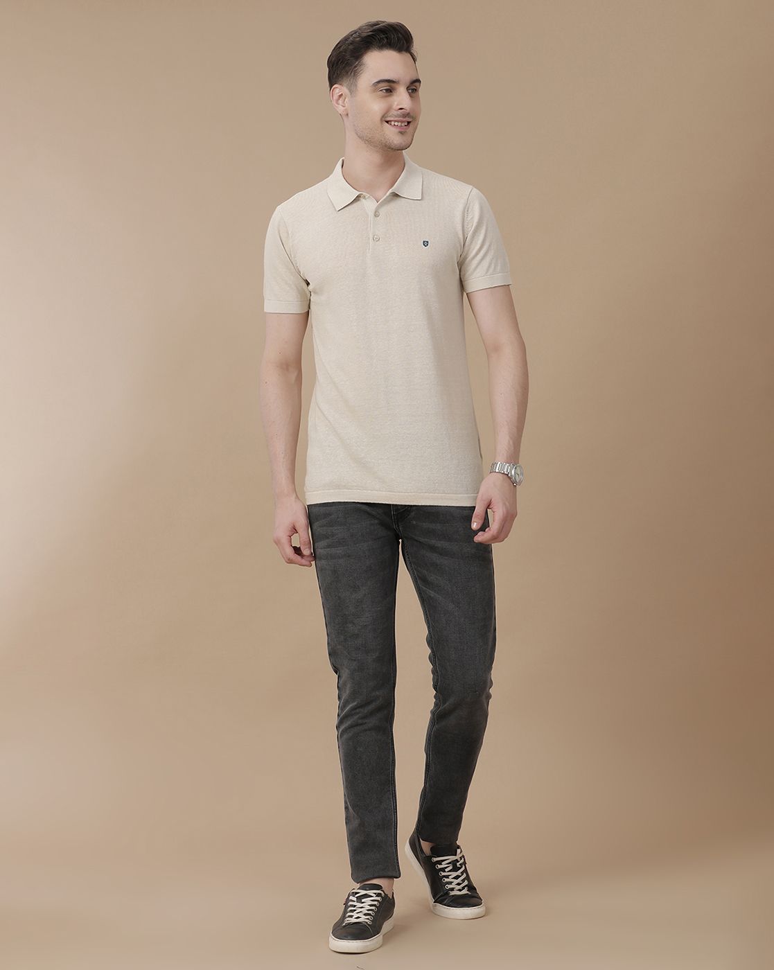 Men's Premium Blended Linen Beige Solid Contemporary Fit Half Sleeve Polo Neck Casual T-Shirt