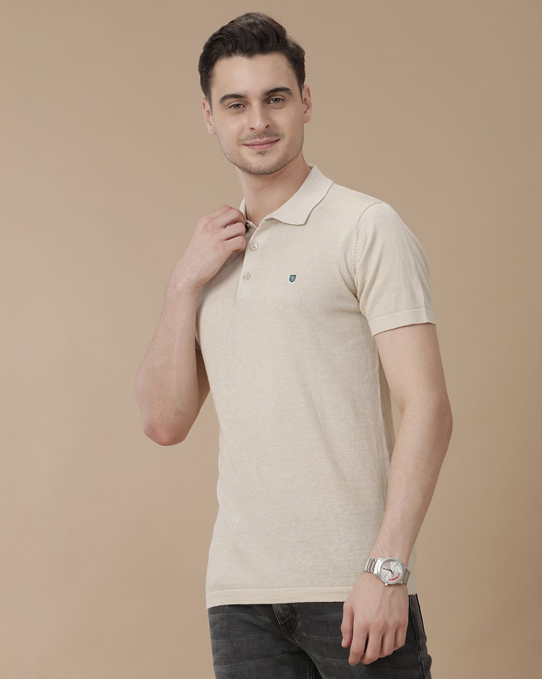 Men's Premium Blended Linen Beige Solid Contemporary Fit Half Sleeve Polo Neck Casual T-Shirt