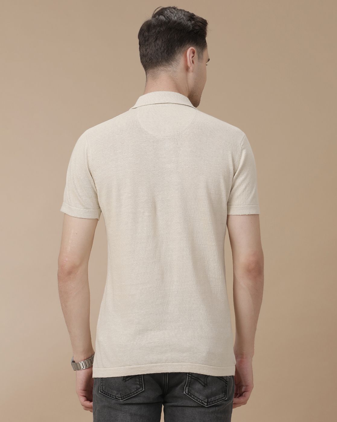 Men's Premium Blended Linen Beige Solid Contemporary Fit Half Sleeve Polo Neck Casual T-Shirt