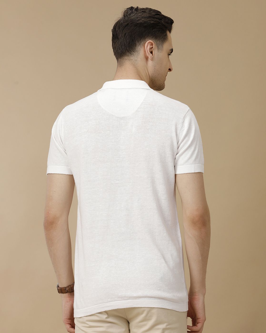 Men's Premium Blended Linen White Solid Contemporary Fit Half Sleeve Polo Neck Casual T-Shirt