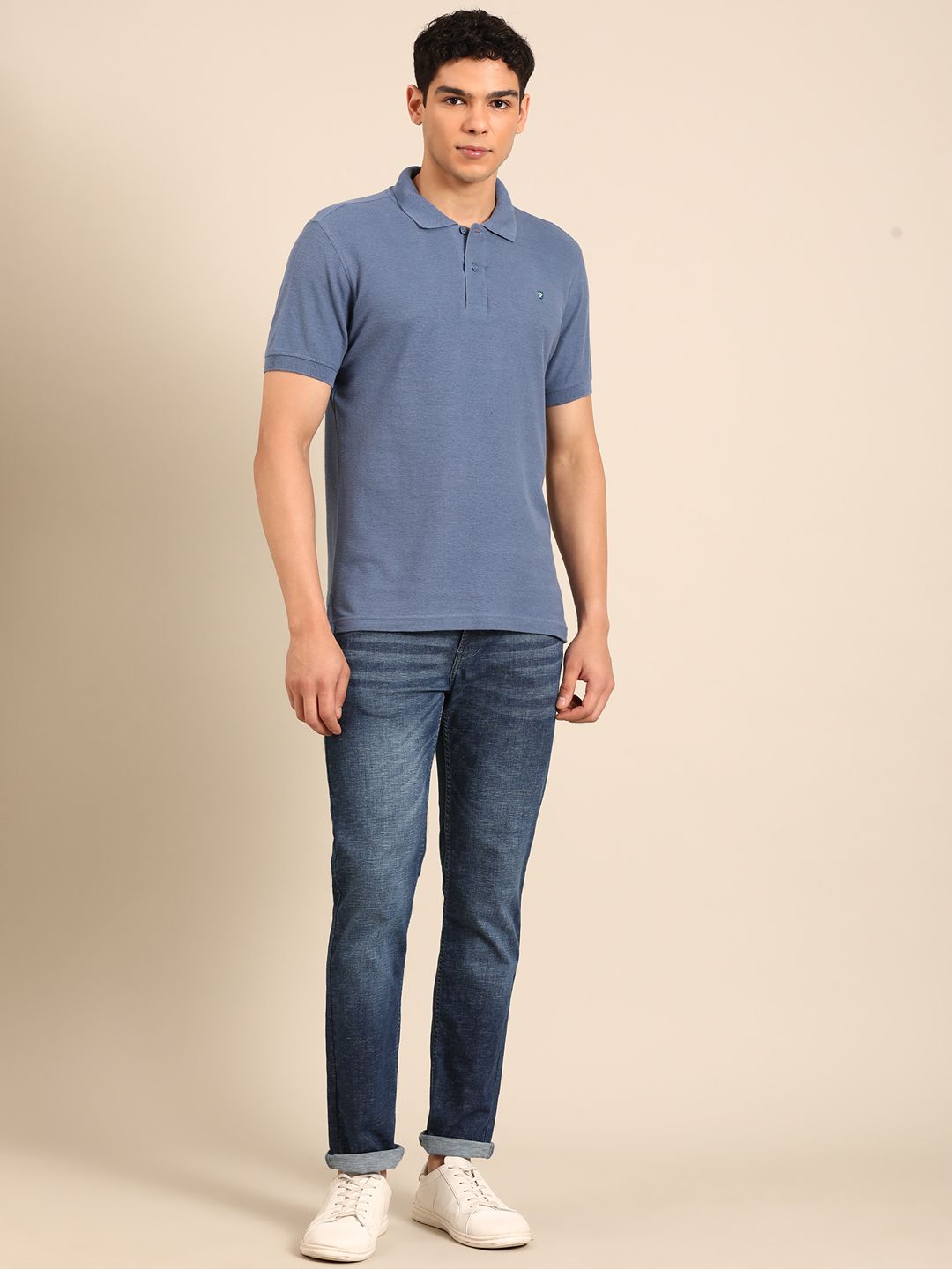 Linen Club Men's Linen Rich Blue Solid Contemporary Fit Half Sleeve Polo Neck T-shirts 