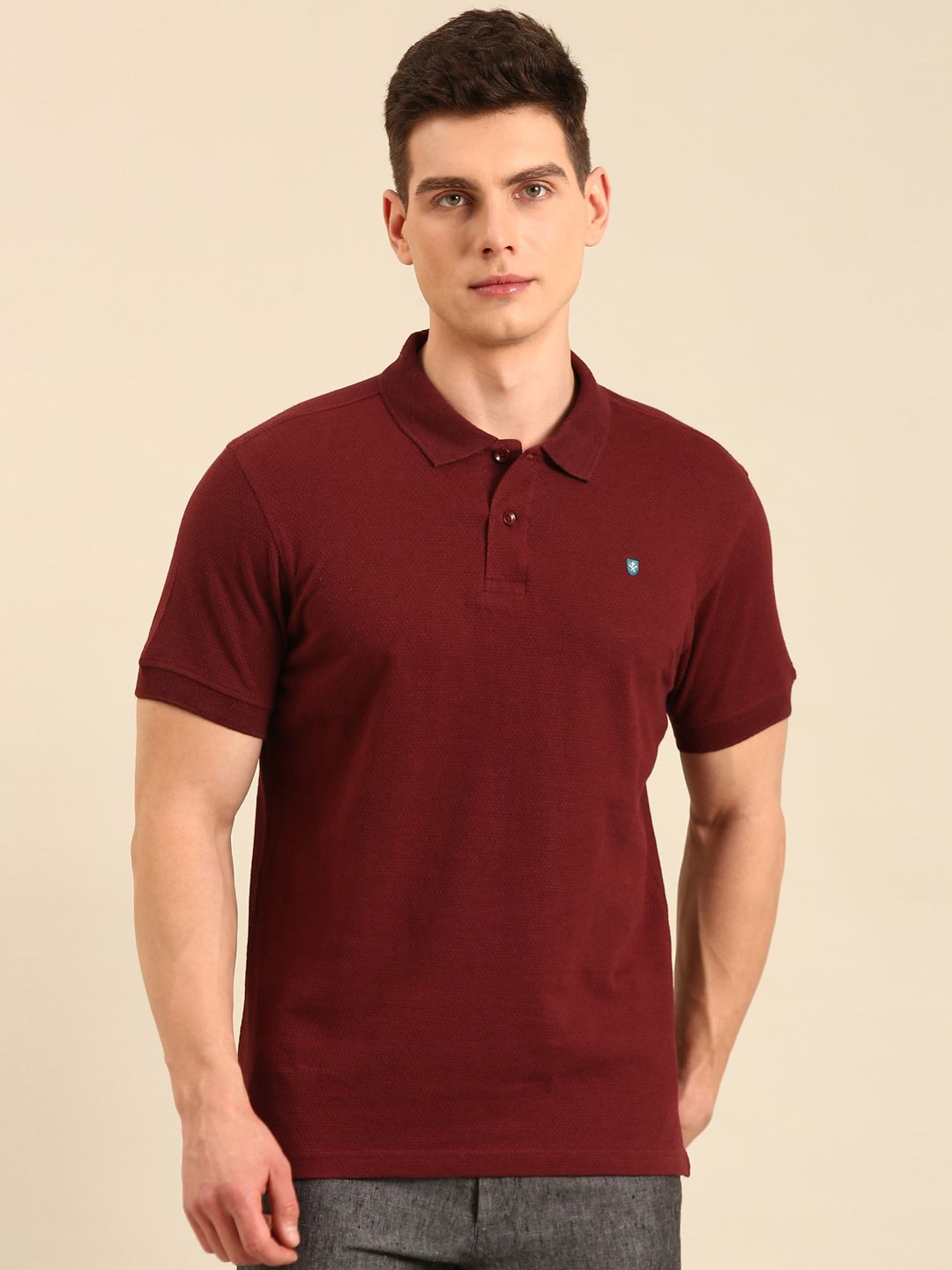 Linen Club Men's Linen Rich Maroon Solid Contemporary Fit Half Sleeve Polo Neck T-shirt