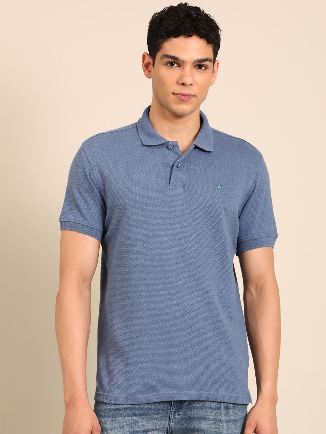 Linen Club Men's Linen Rich Blue Solid Contemporary Fit Half Sleeve Polo Neck T-shirts 