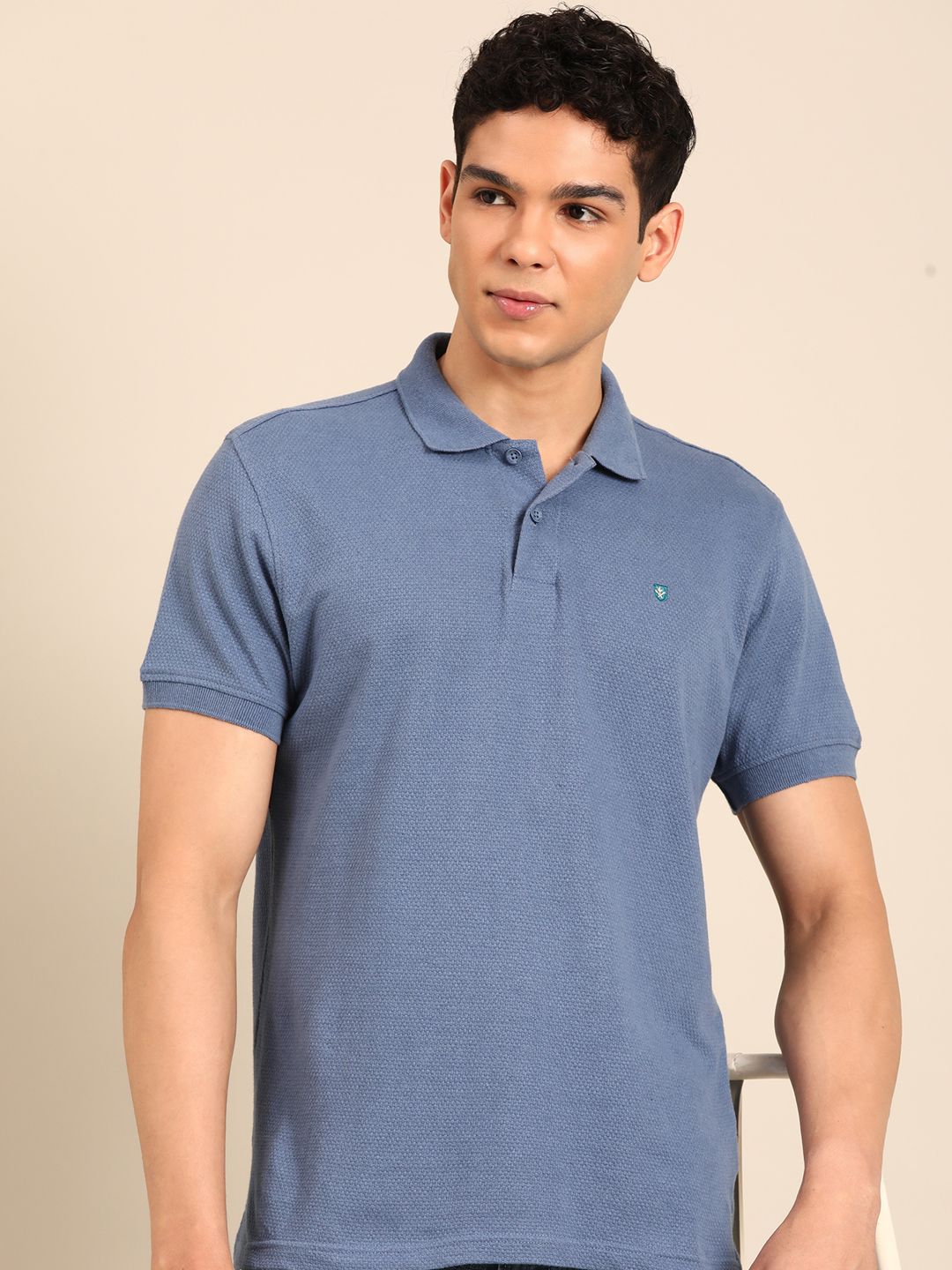 Linen Club Men's Linen Rich Blue Solid Contemporary Fit Half Sleeve Polo Neck T-shirts 