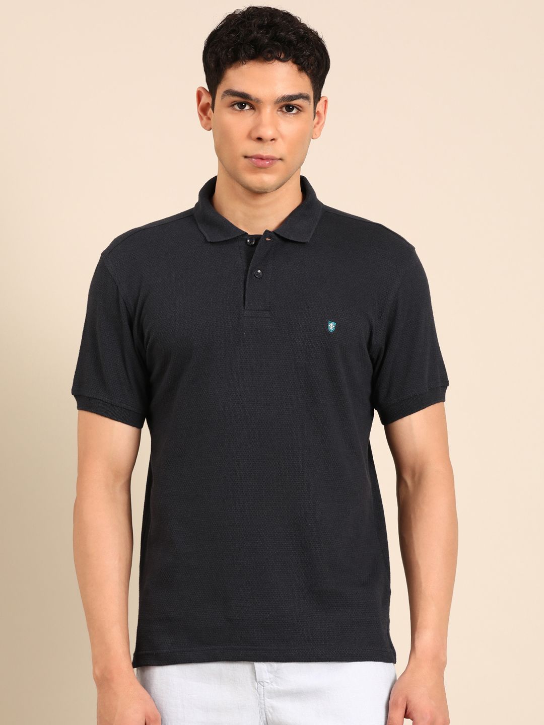 Linen Club Men's Linen Rich Black Solid Contemporary Fit Half Sleeve Polo Neck T-shirts 