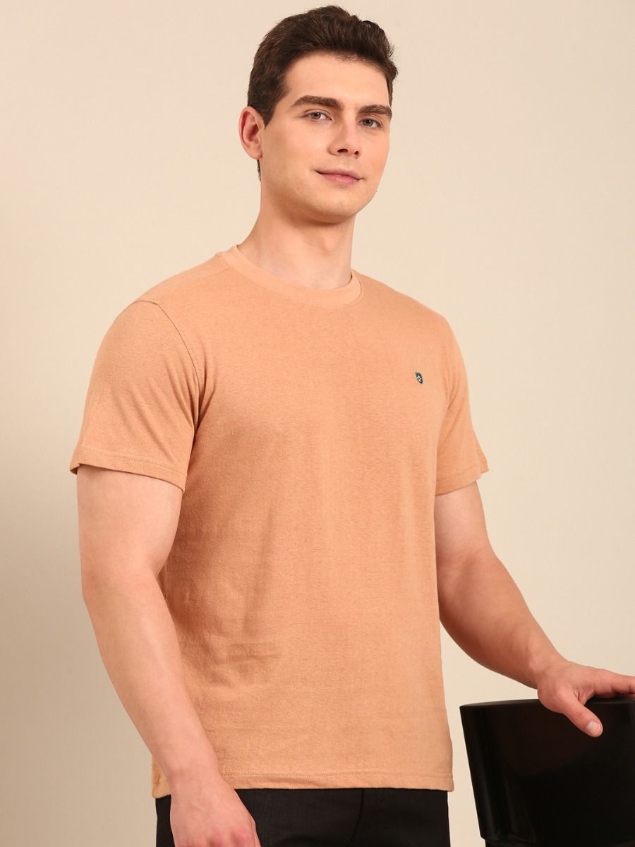 Linen Club Men's  Brown Solid Half Sleeve Crew Neck Casual T-shirt