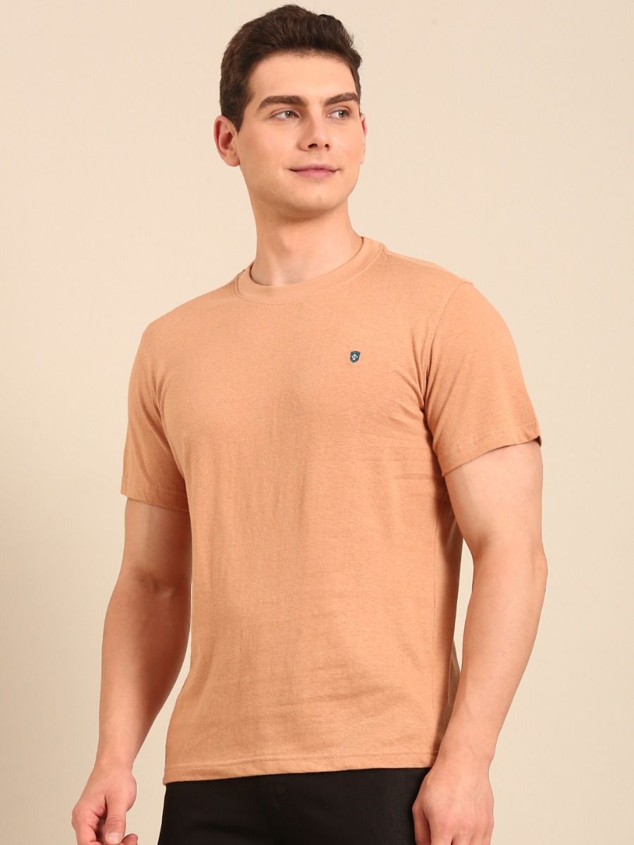 Linen Club Men's  Brown Solid Half Sleeve Crew Neck Casual T-shirt
