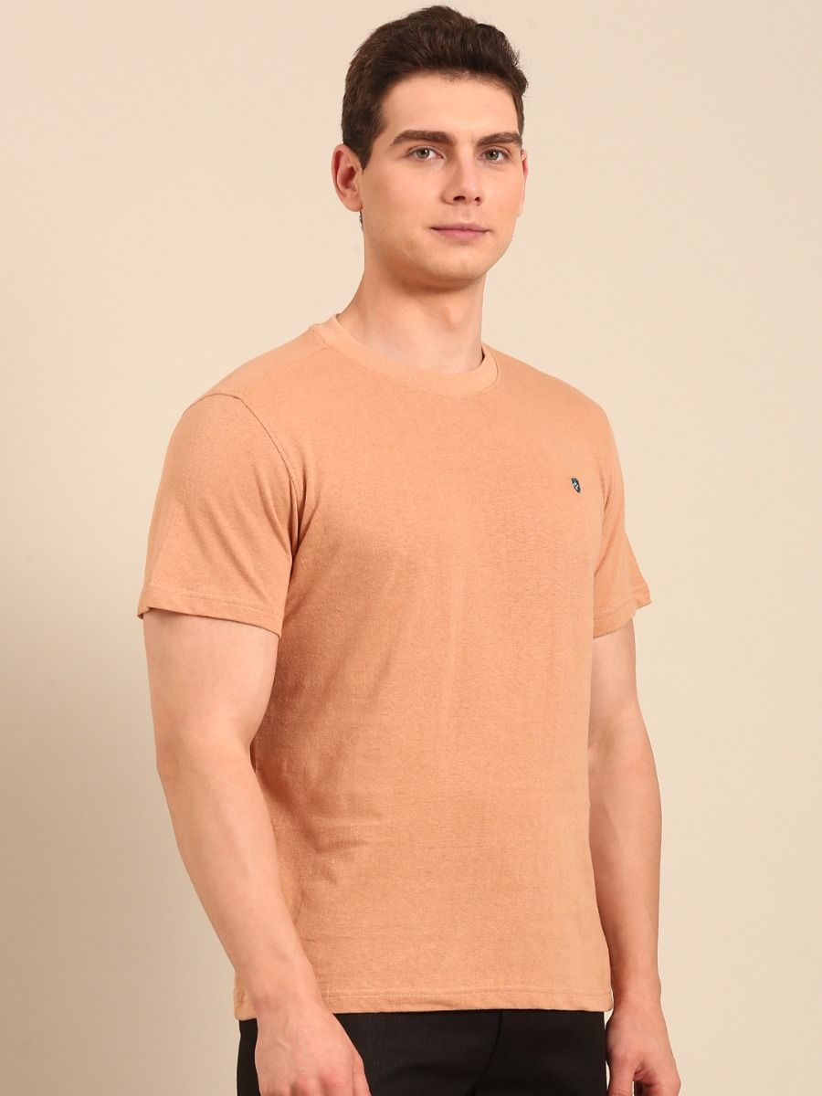 Linen Club Men's  Brown Solid Half Sleeve Crew Neck Casual T-shirt