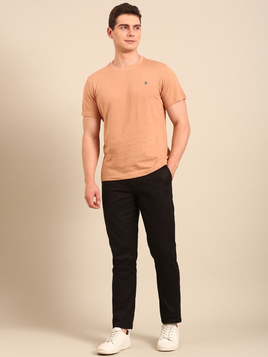 Linen Club Men's  Brown Solid Half Sleeve Crew Neck Casual T-shirt