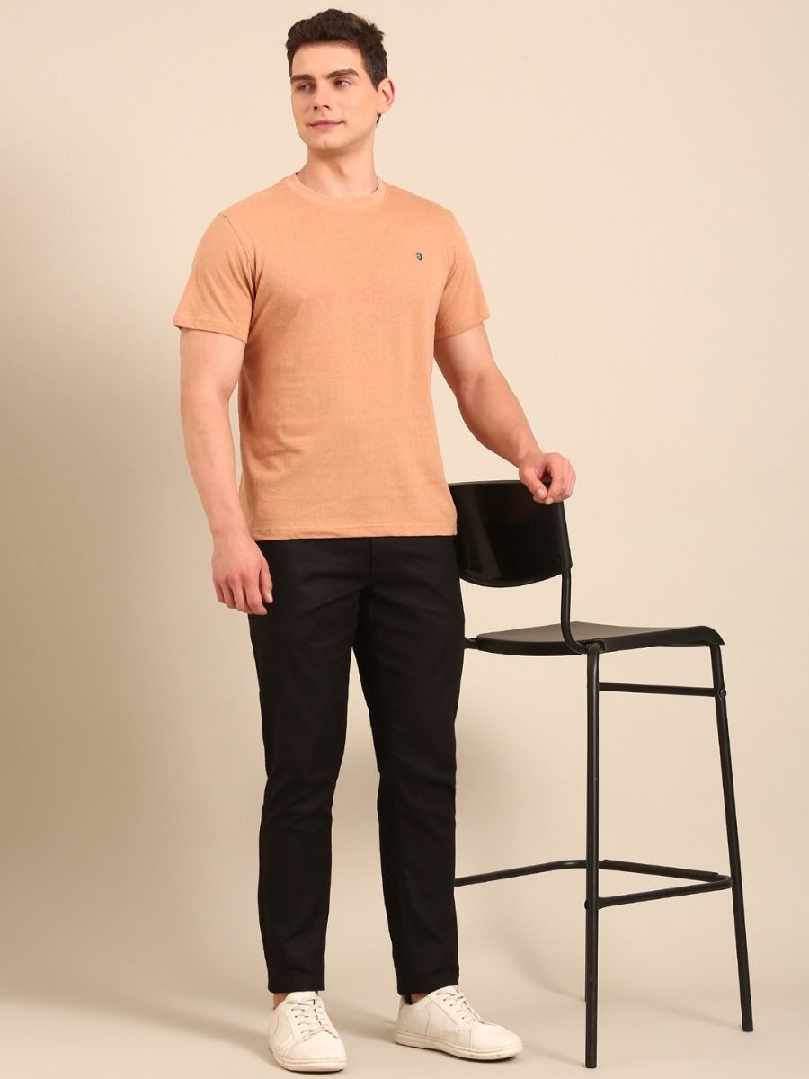 Linen Club Men's  Brown Solid Half Sleeve Crew Neck Casual T-shirt
