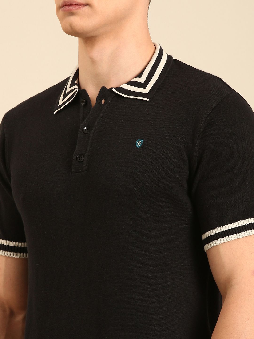 Linen Club Men's Linen Rich Black Solid Contemporary Fit Half Sleeve Polo Neck T-shirt