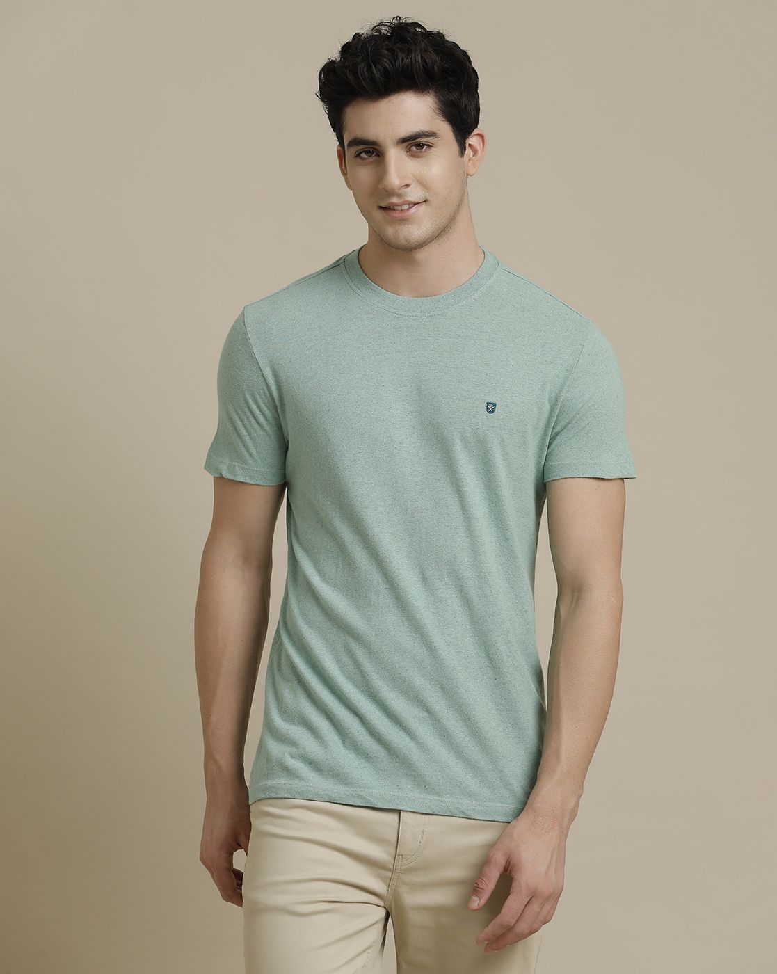 Linen Club Circular Knit Crew Neck Green Solid Half Sleeve T-shirt for Men