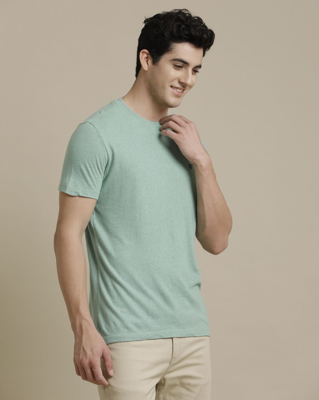 Linen Club Circular Knit Crew Neck Green Solid Half Sleeve T-shirt for Men