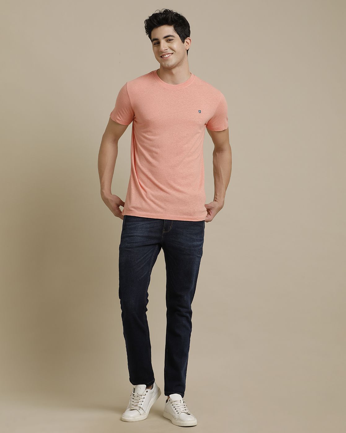 Linen Club Circular Knit Crew Neck Pink Solid Half Sleeve T-shirt for Men