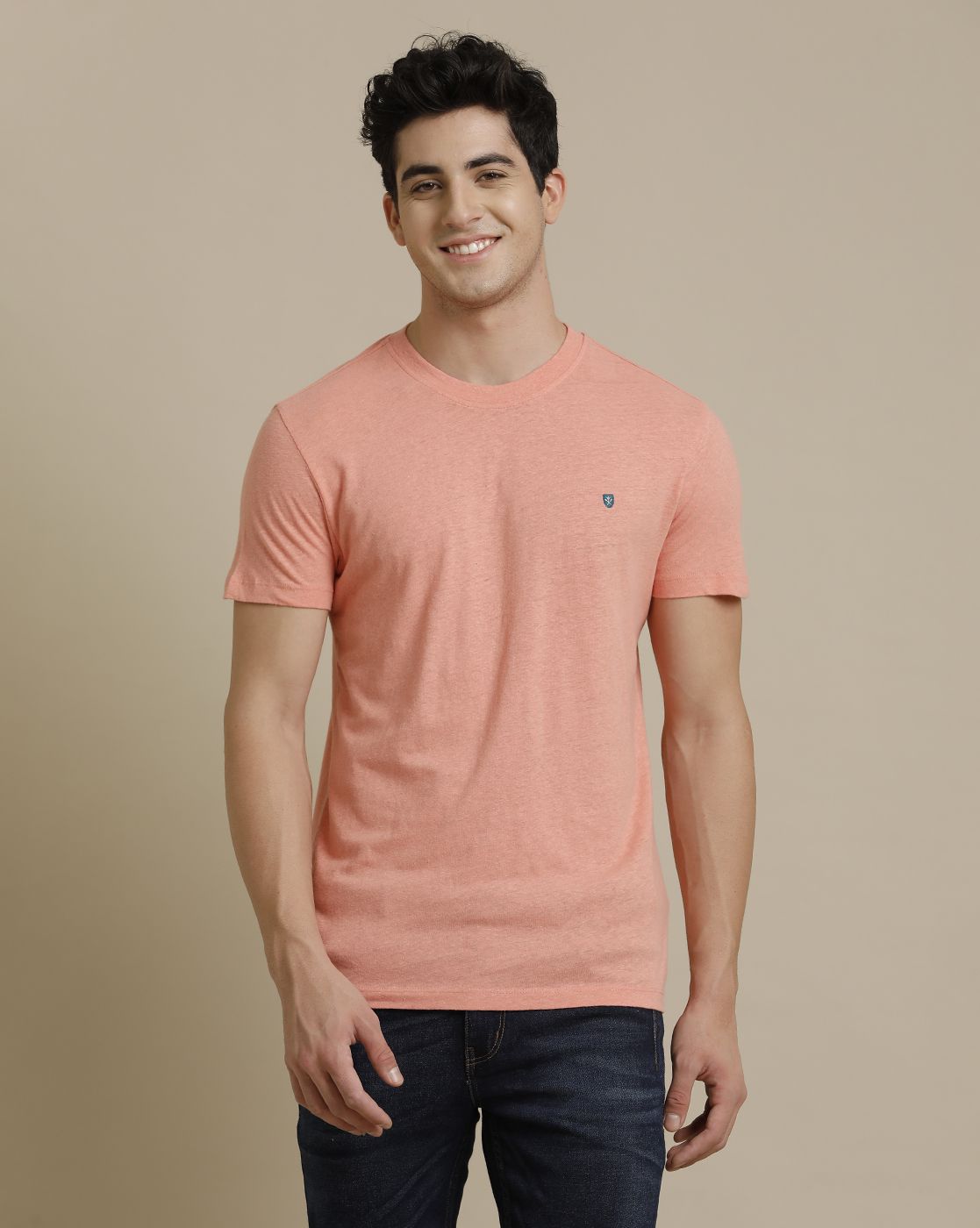 Linen Club Circular Knit Crew Neck Pink Solid Half Sleeve T-shirt for Men