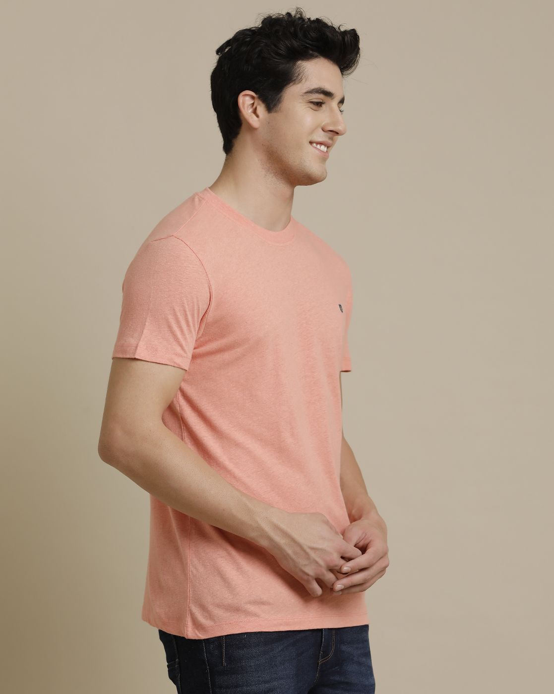 Linen Club Circular Knit Crew Neck Pink Solid Half Sleeve T-shirt for Men