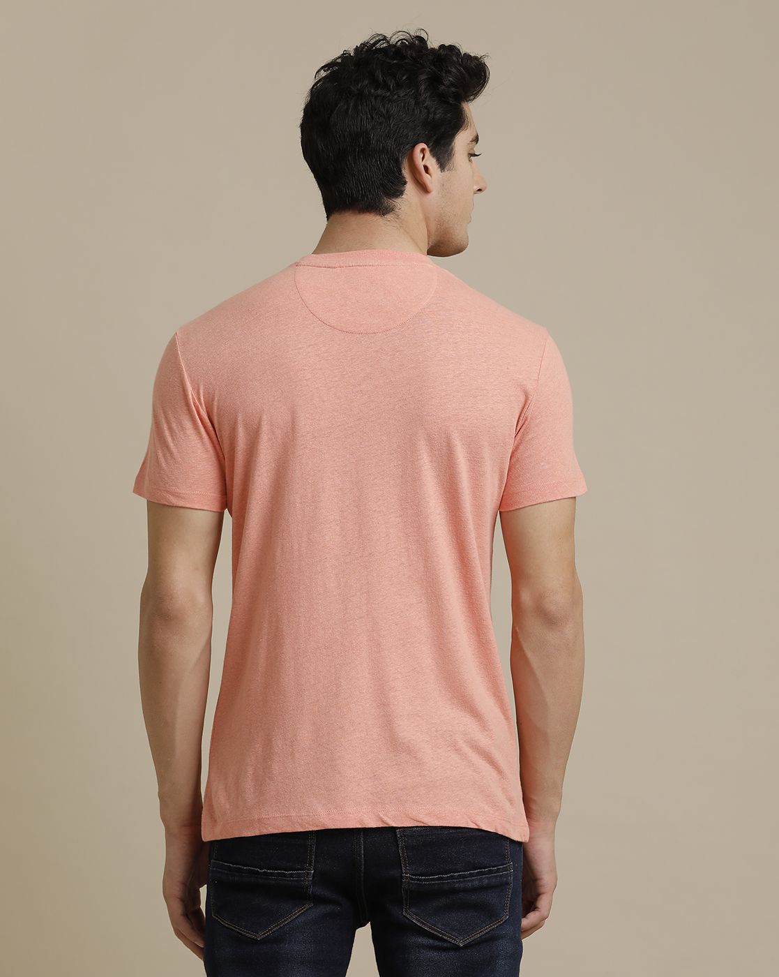 Linen Club Circular Knit Crew Neck Pink Solid Half Sleeve T-shirt for Men