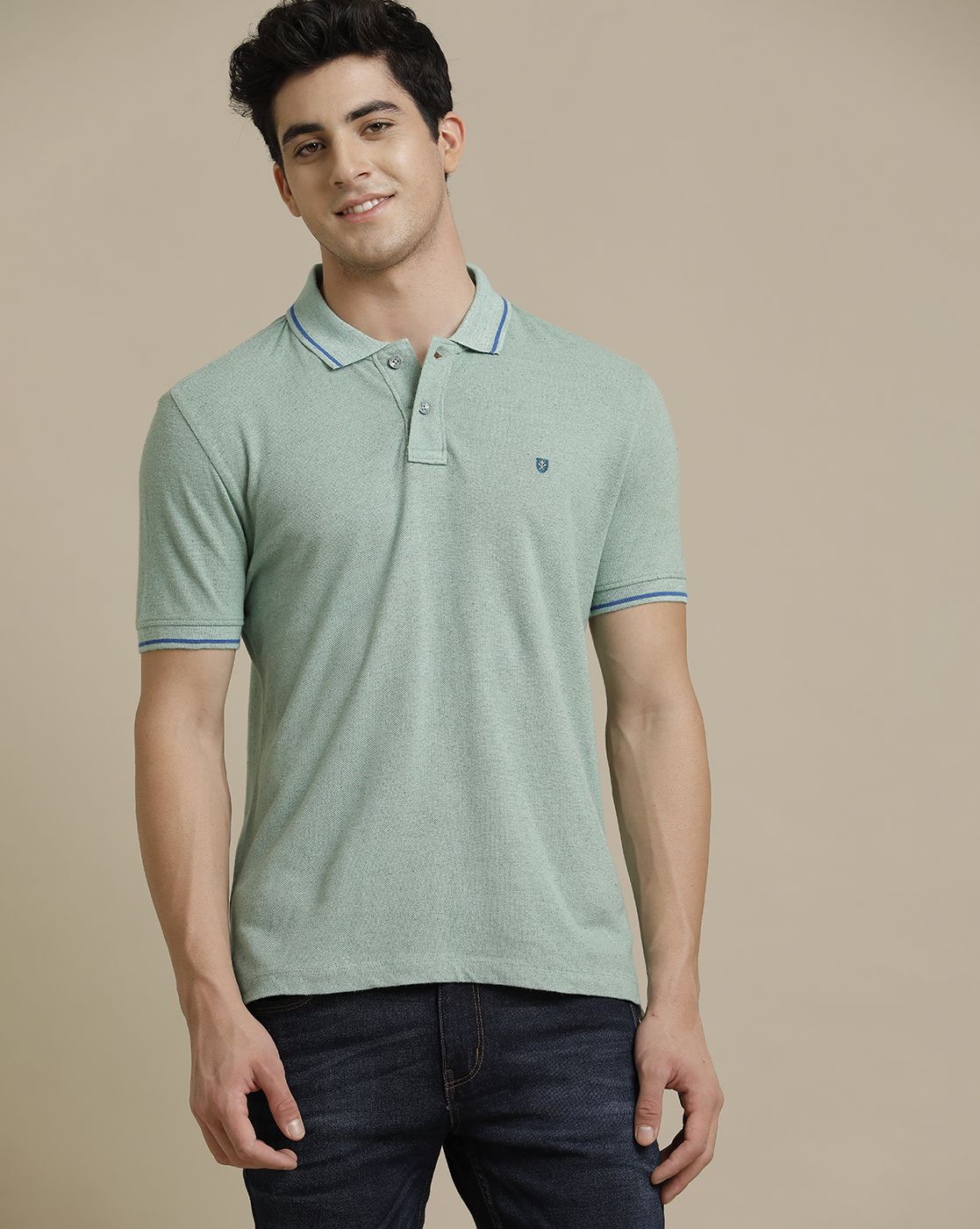 Linen Club Circular Knit Polo Neck Green Solid Half Sleeve T-shirt for Men