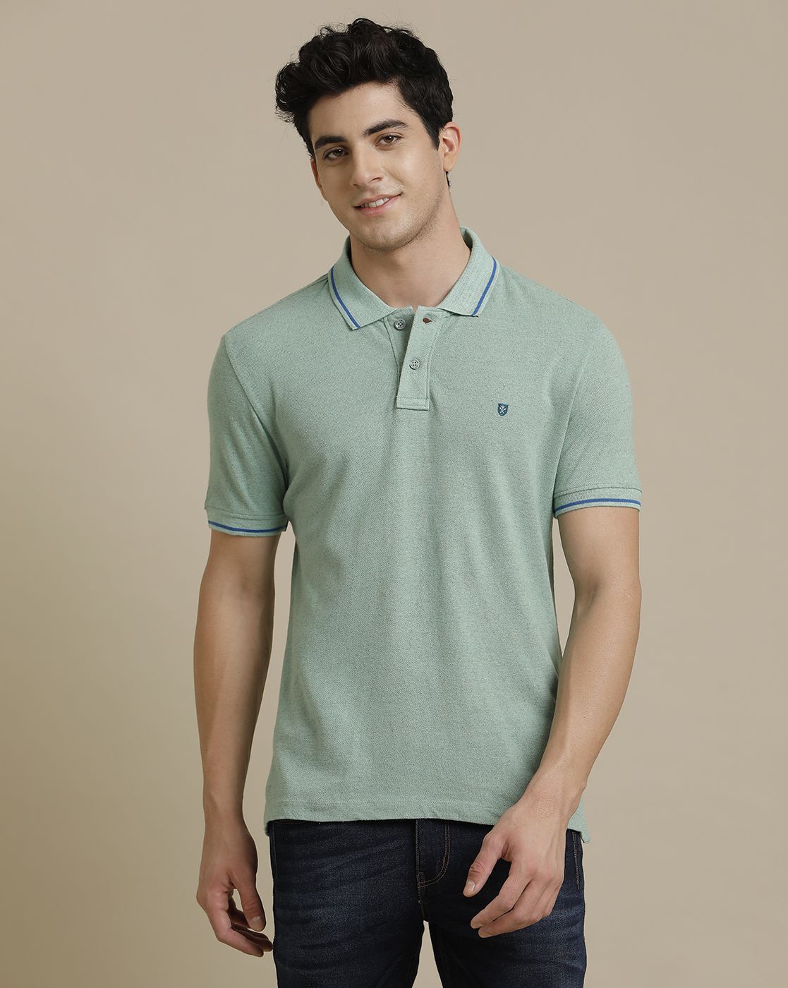 Linen Club Circular Knit Polo Neck Green Solid Half Sleeve T-shirt for Men