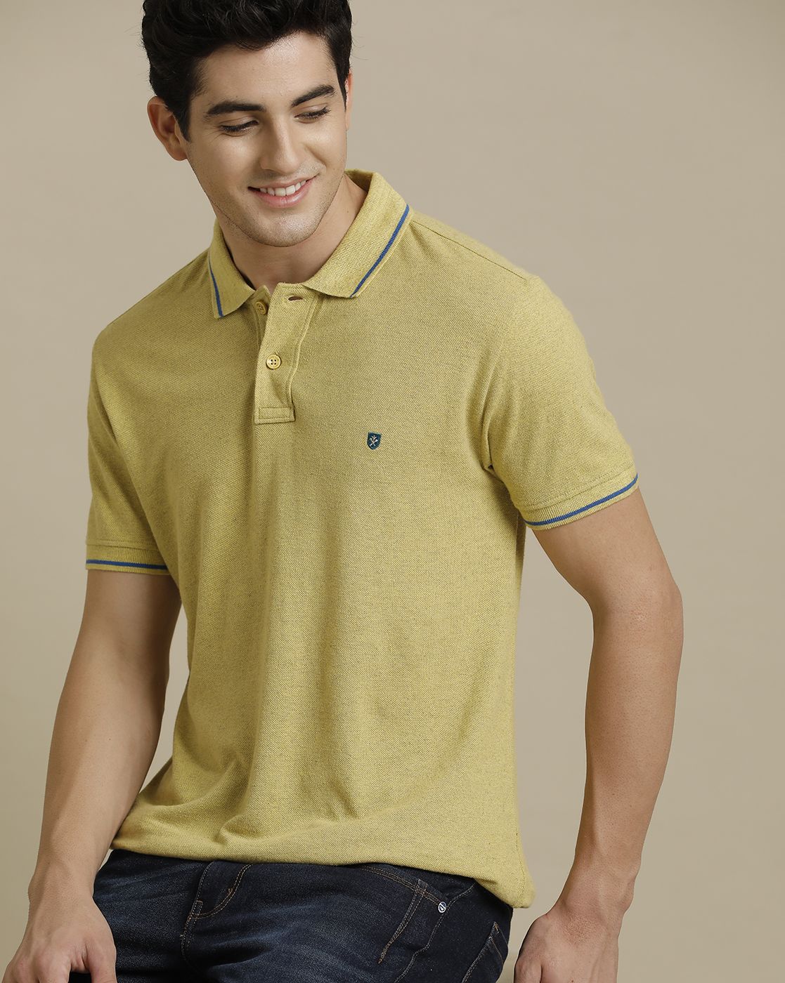 Linen Club Circular Knit Polo Neck Yellow Solid Half Sleeve T-shirt for Men