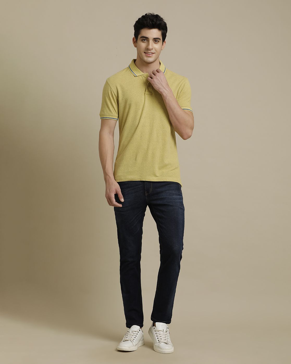 Linen Club Circular Knit Polo Neck Yellow Solid Half Sleeve T-shirt for Men