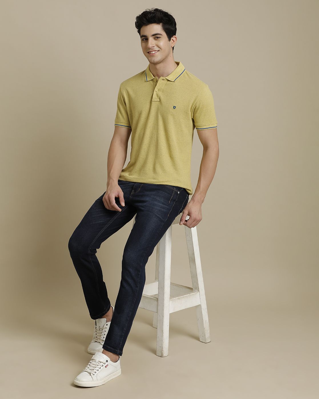 Linen Club Circular Knit Polo Neck Yellow Solid Half Sleeve T-shirt for Men