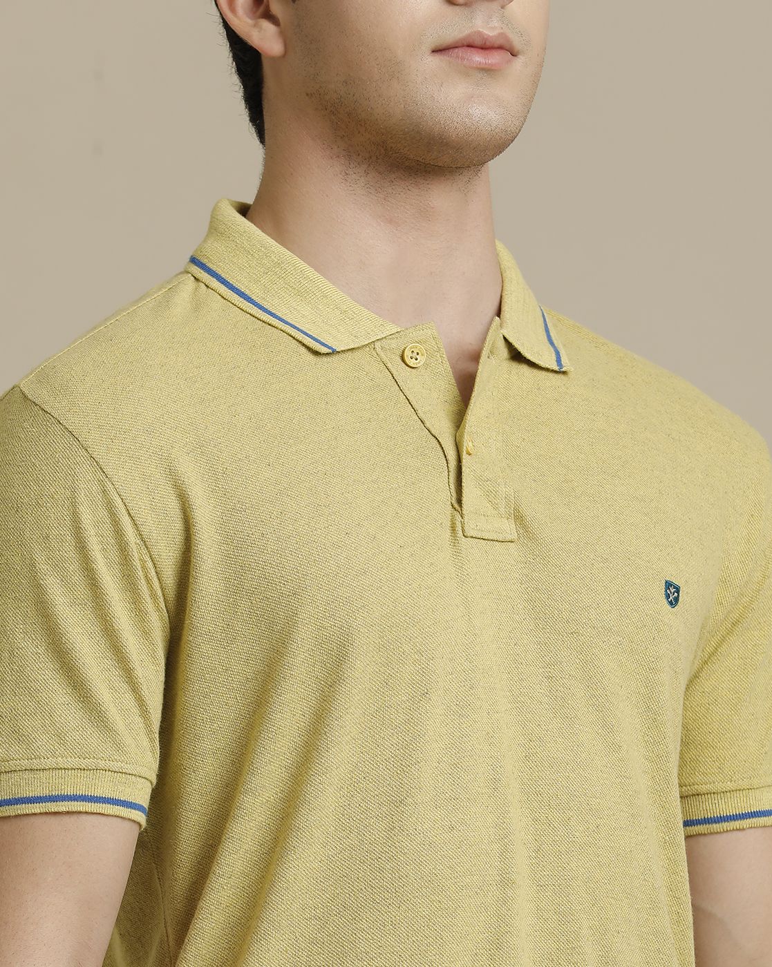 Linen Club Circular Knit Polo Neck Yellow Solid Half Sleeve T-shirt for Men