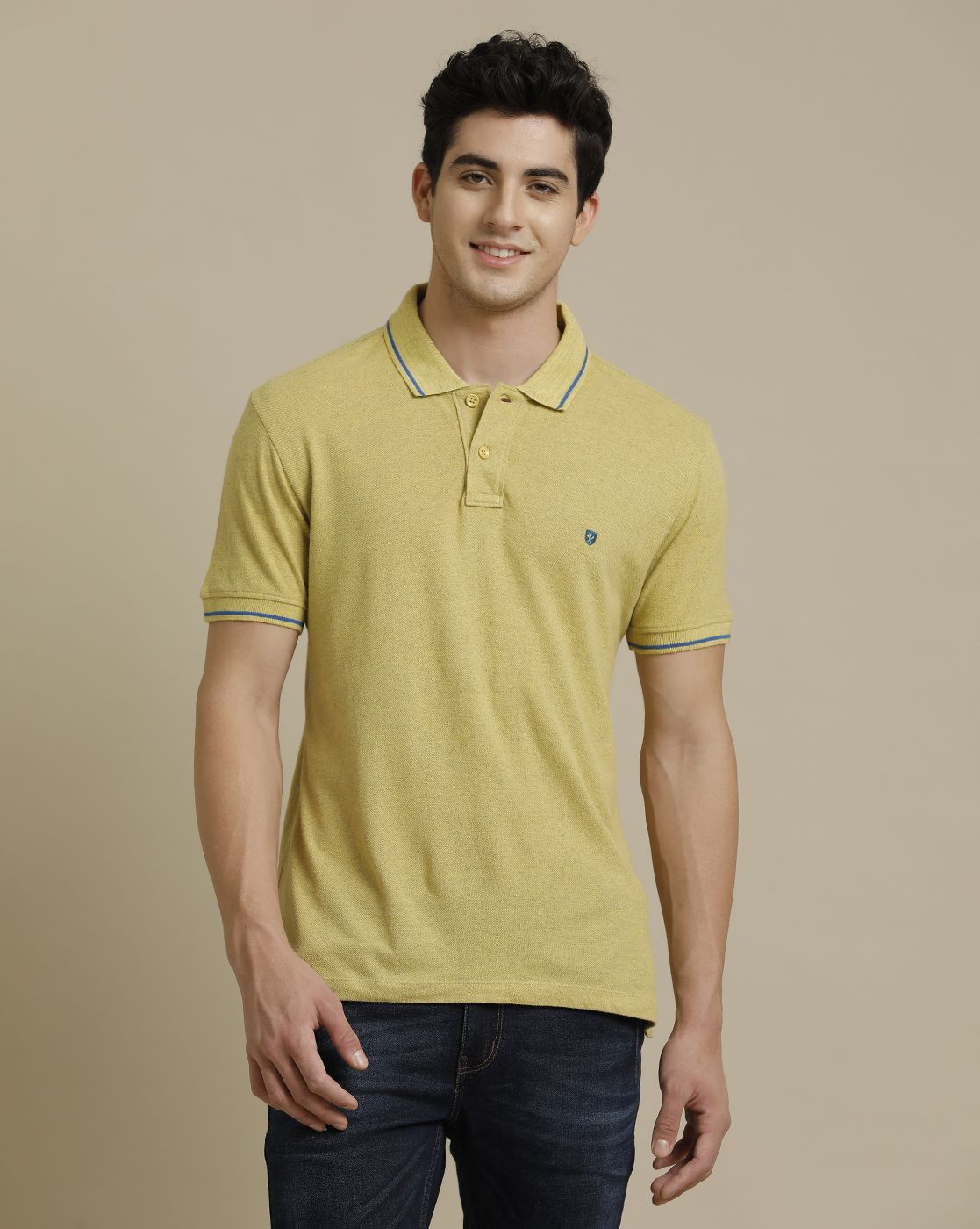 Linen Club Circular Knit Polo Neck Yellow Solid Half Sleeve T-shirt for Men