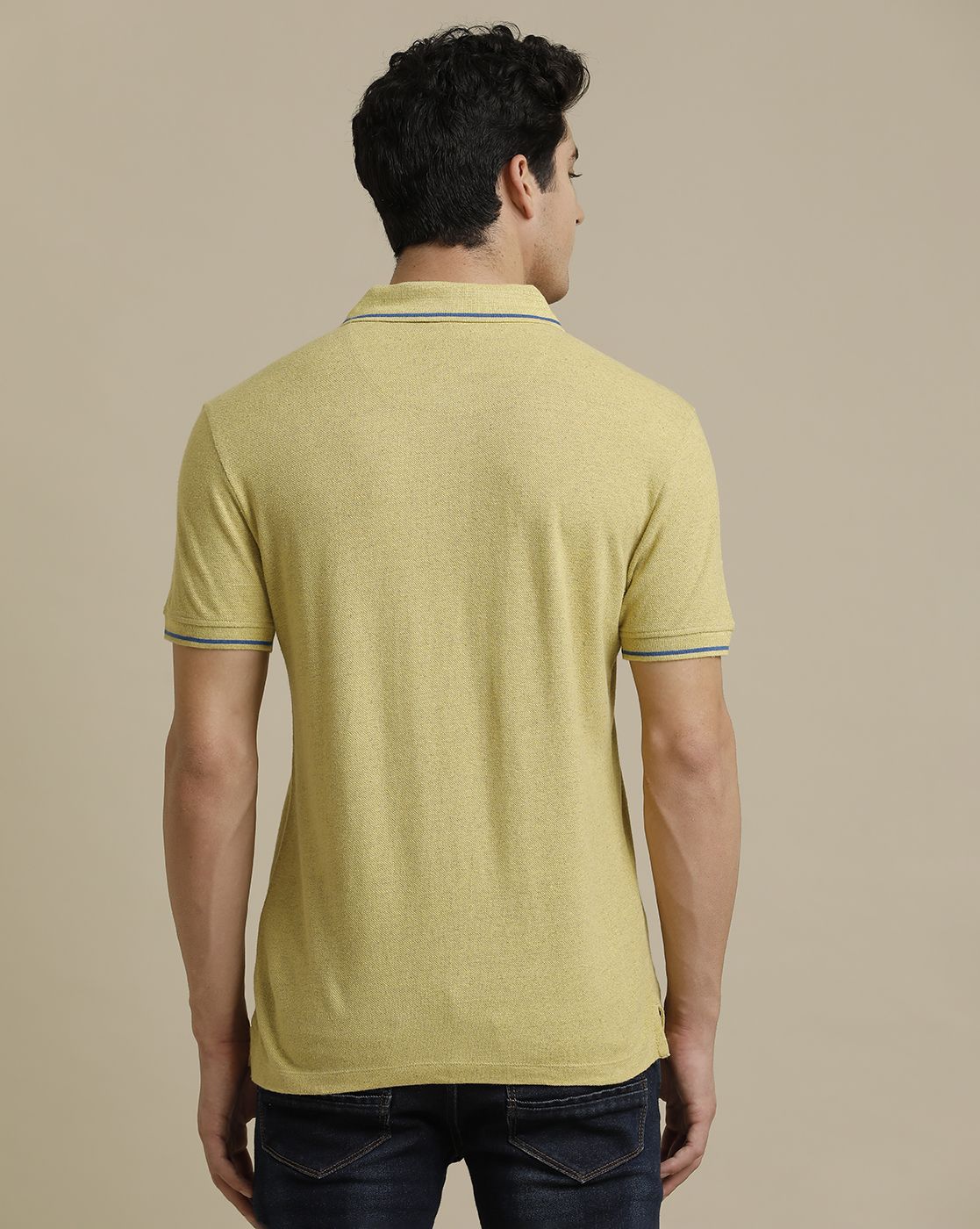 Linen Club Circular Knit Polo Neck Yellow Solid Half Sleeve T-shirt for Men