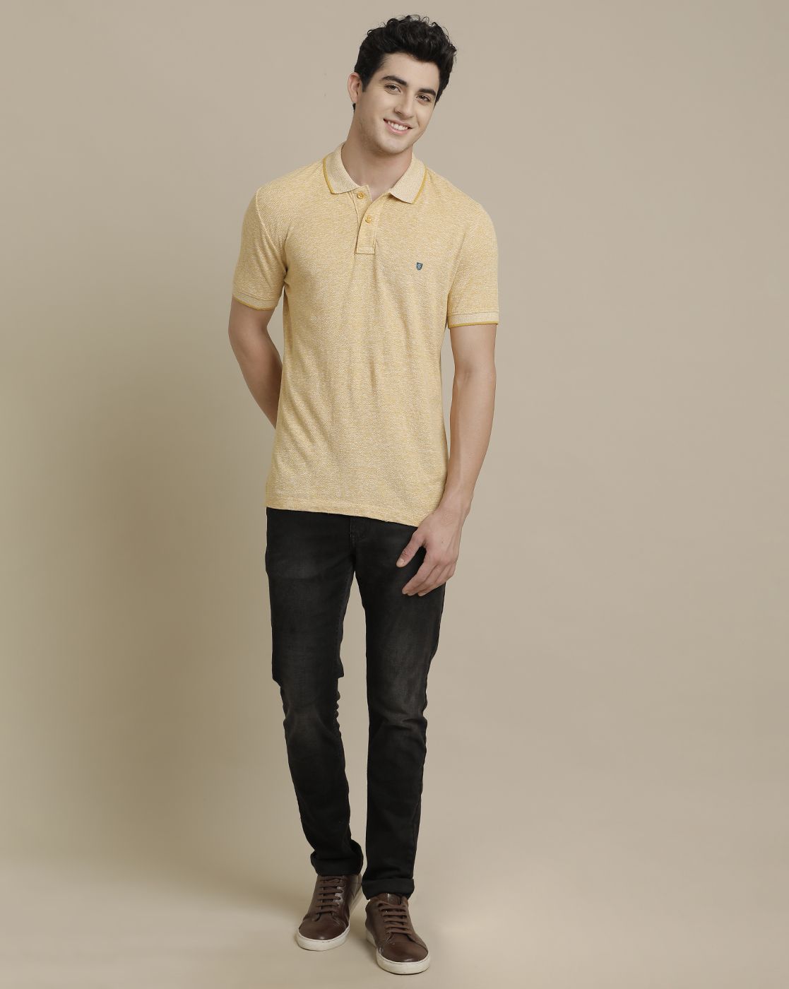 Linen Club Circular Knit Polo Neck Yellow Solid Half Sleeve T-shirt for Men