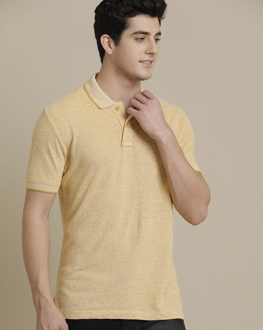 Linen Club Circular Knit Polo Neck Yellow Solid Half Sleeve T-shirt for Men