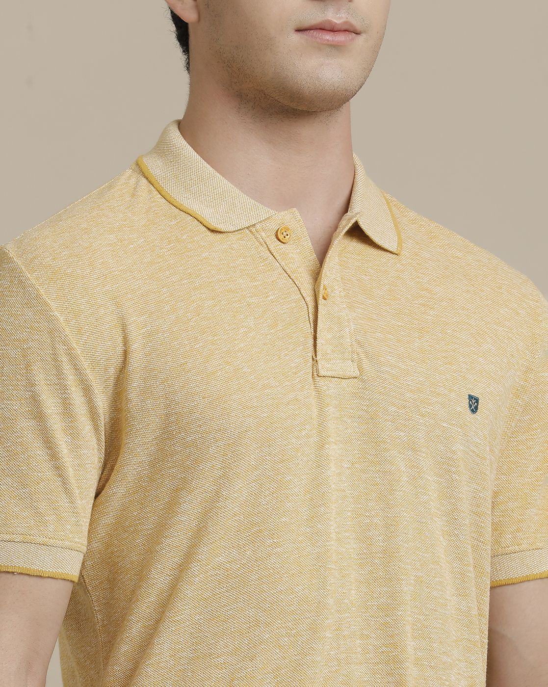 Linen Club Circular Knit Polo Neck Yellow Solid Half Sleeve T-shirt for Men