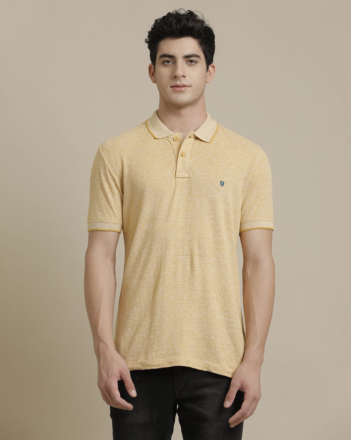 Linen Club Circular Knit Polo Neck Yellow Solid Half Sleeve T-shirt for Men