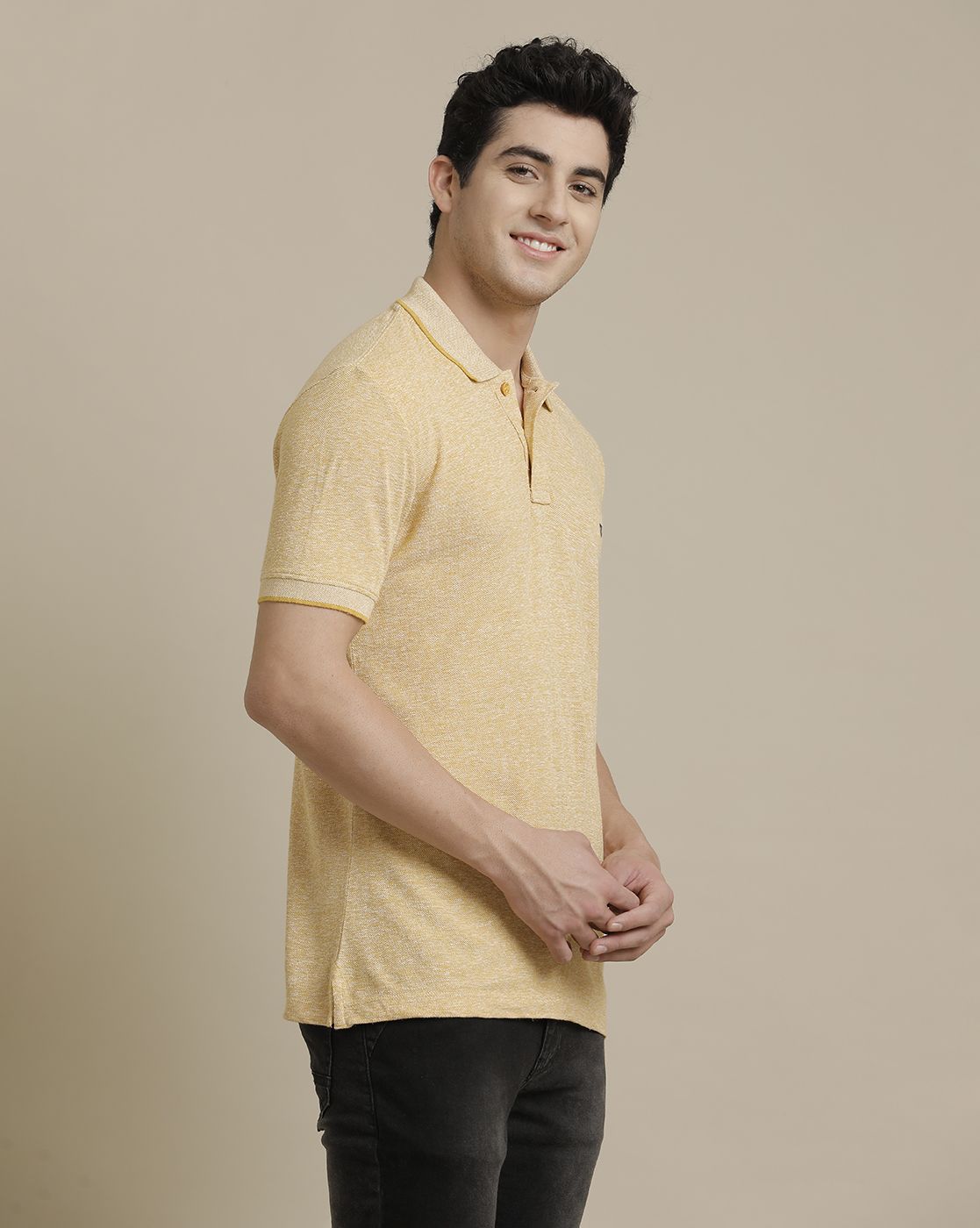 Linen Club Circular Knit Polo Neck Yellow Solid Half Sleeve T-shirt for Men