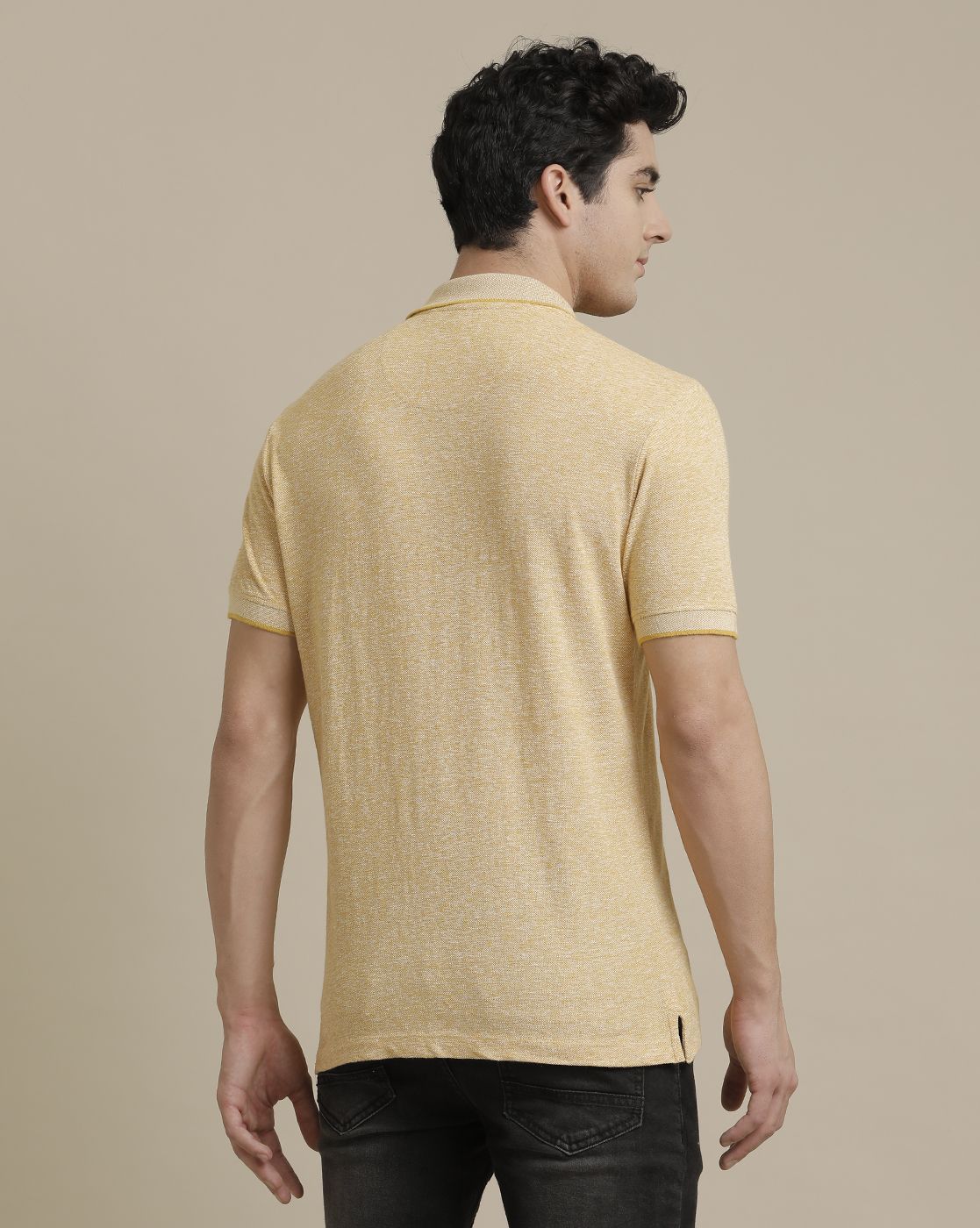 Linen Club Circular Knit Polo Neck Yellow Solid Half Sleeve T-shirt for Men