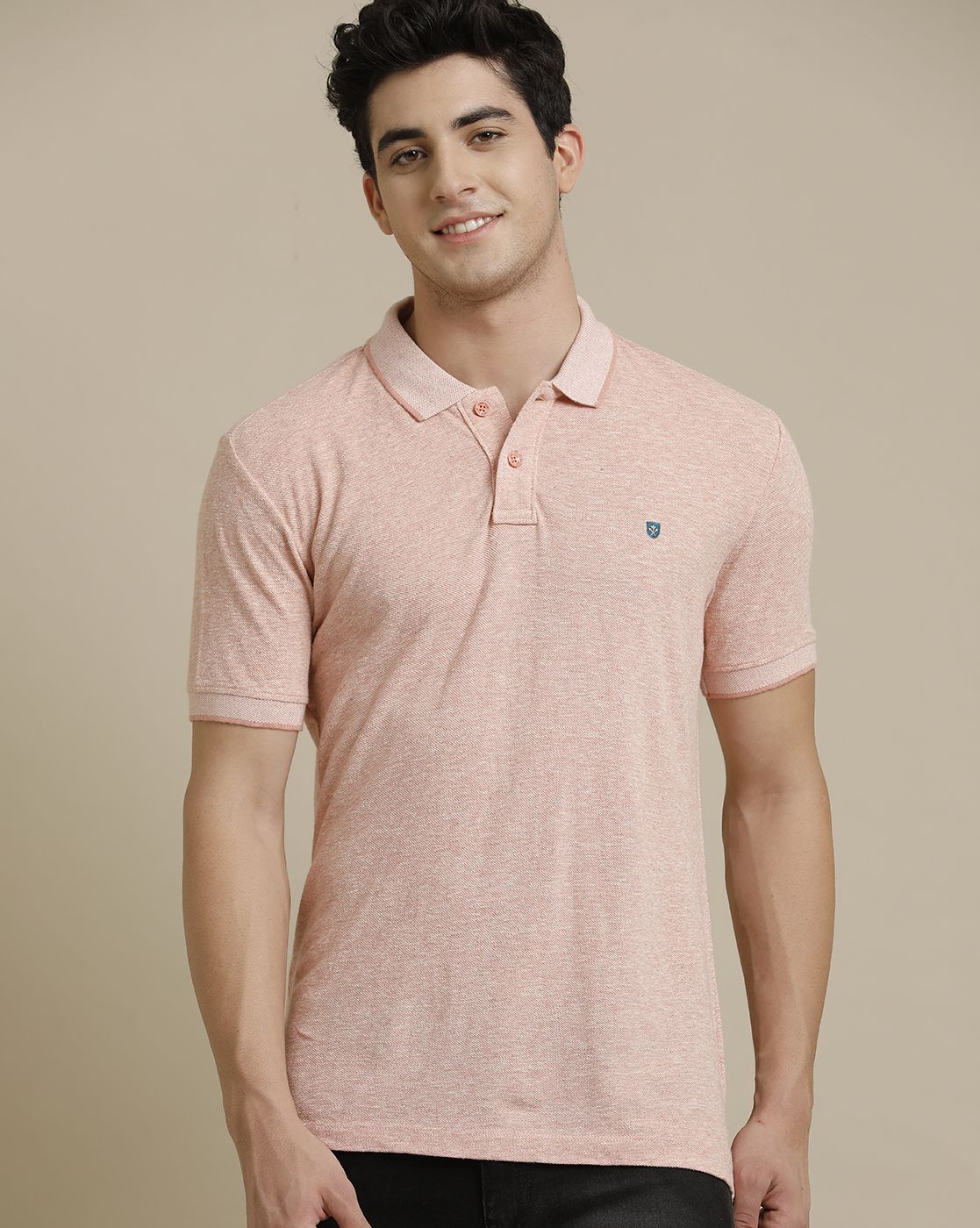 Linen Club Circular Knit Polo Neck Pink Solid Half Sleeve T-shirt for Men