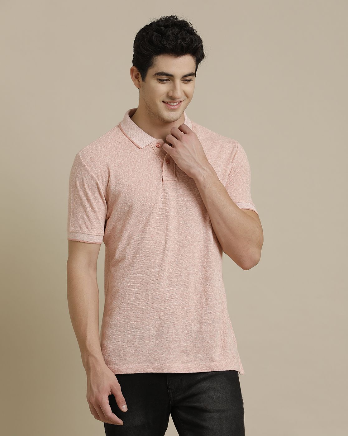 Linen Club Circular Knit Polo Neck Pink Solid Half Sleeve T-shirt for Men