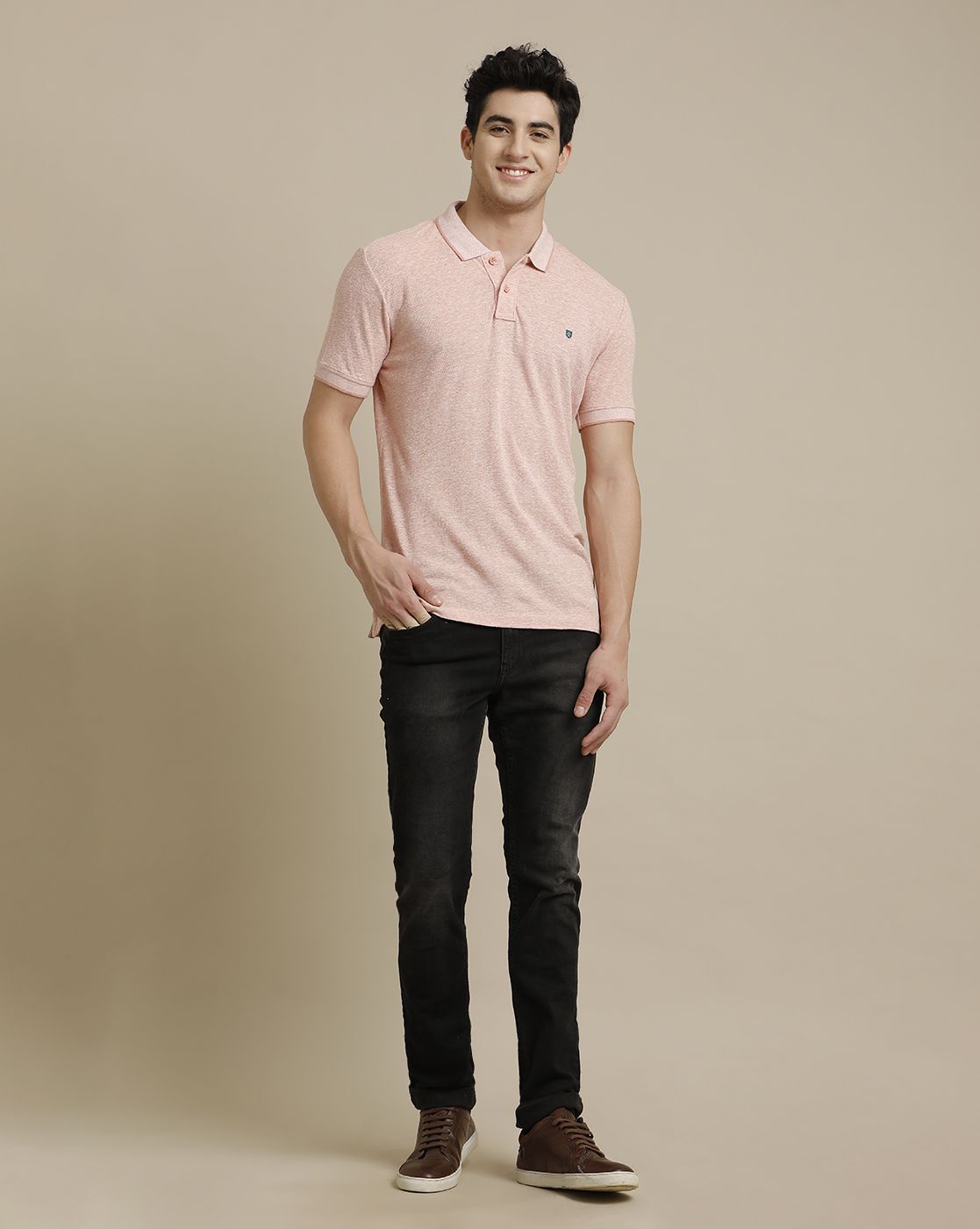 Linen Club Circular Knit Polo Neck Pink Solid Half Sleeve T-shirt for Men