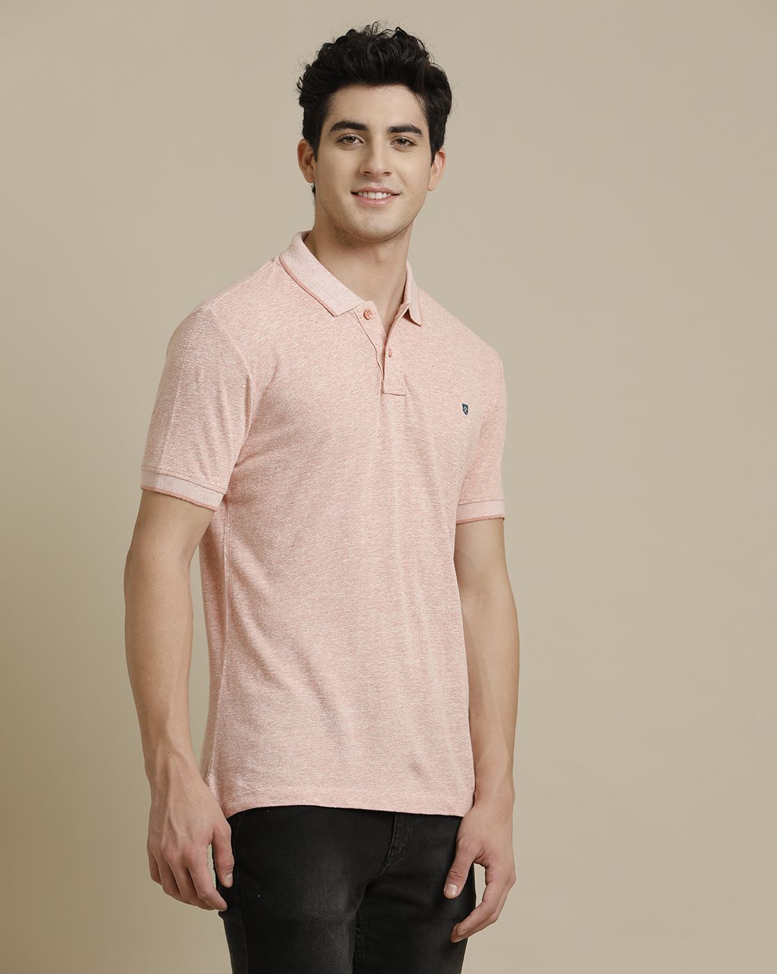 Linen Club Circular Knit Polo Neck Pink Solid Half Sleeve T-shirt for Men