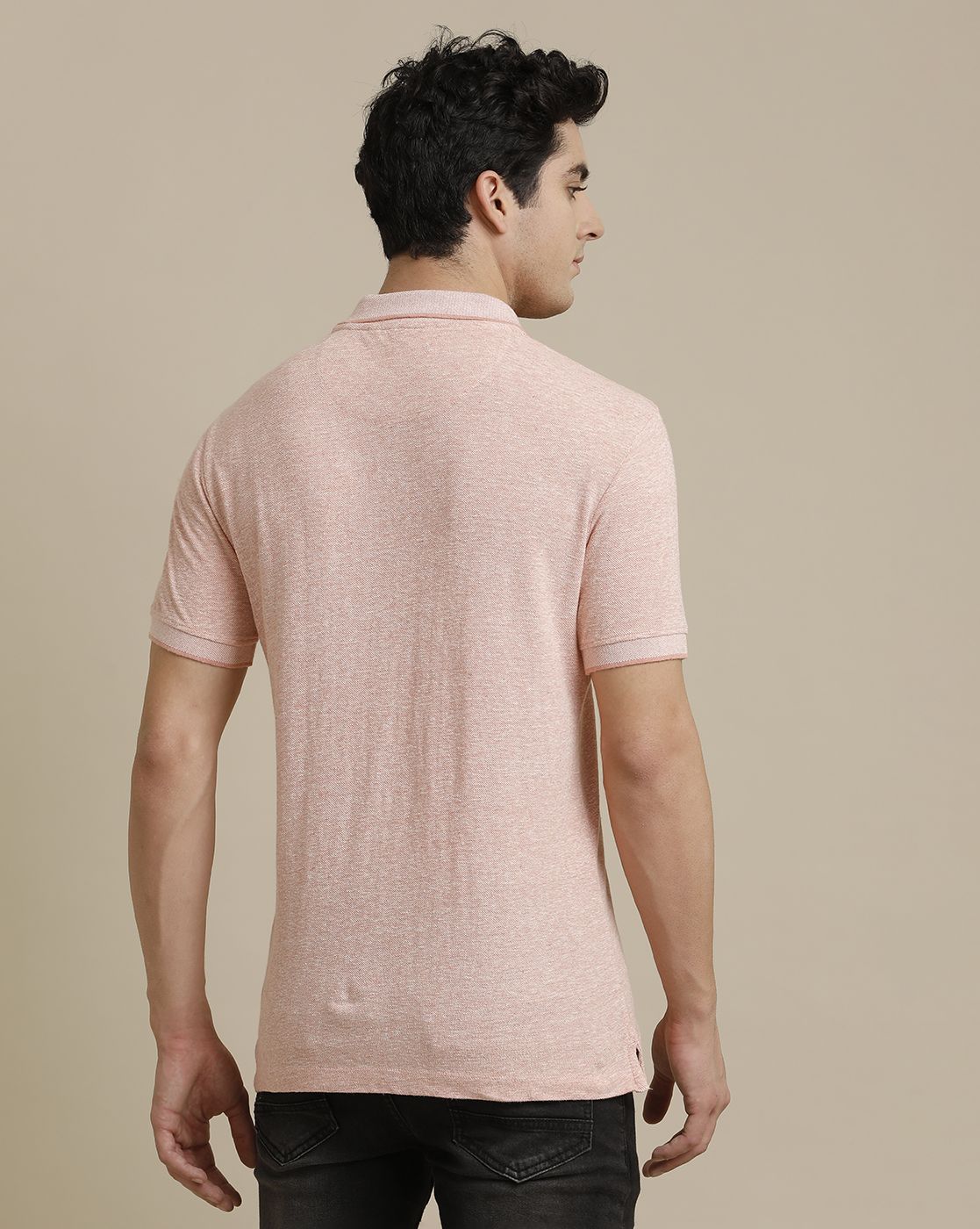 Linen Club Circular Knit Polo Neck Pink Solid Half Sleeve T-shirt for Men