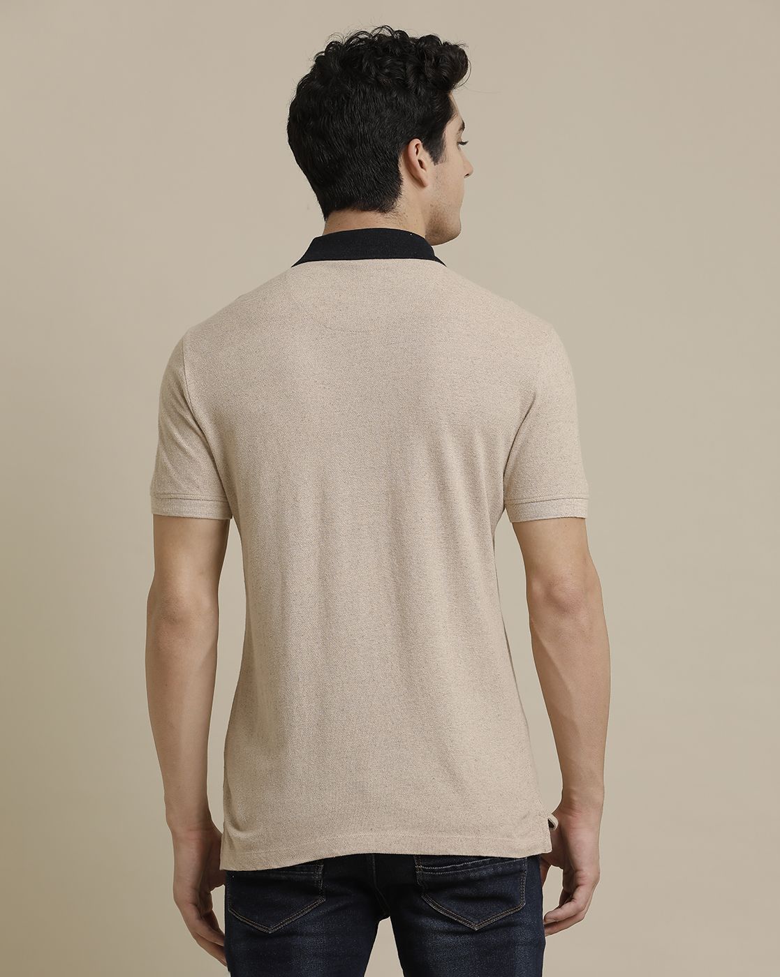 Linen Club Circular Knit Contrast Collar Polo Neck Beige Solid Half Sleeve T-shirt for Men