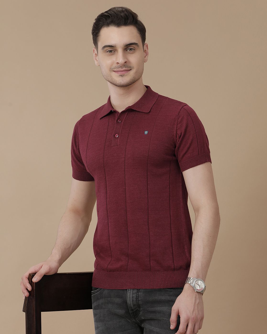 Men's Premium Blended Linen Red Striped Contemporary Fit Half Sleeve Polo Neck Casual T-Shirt