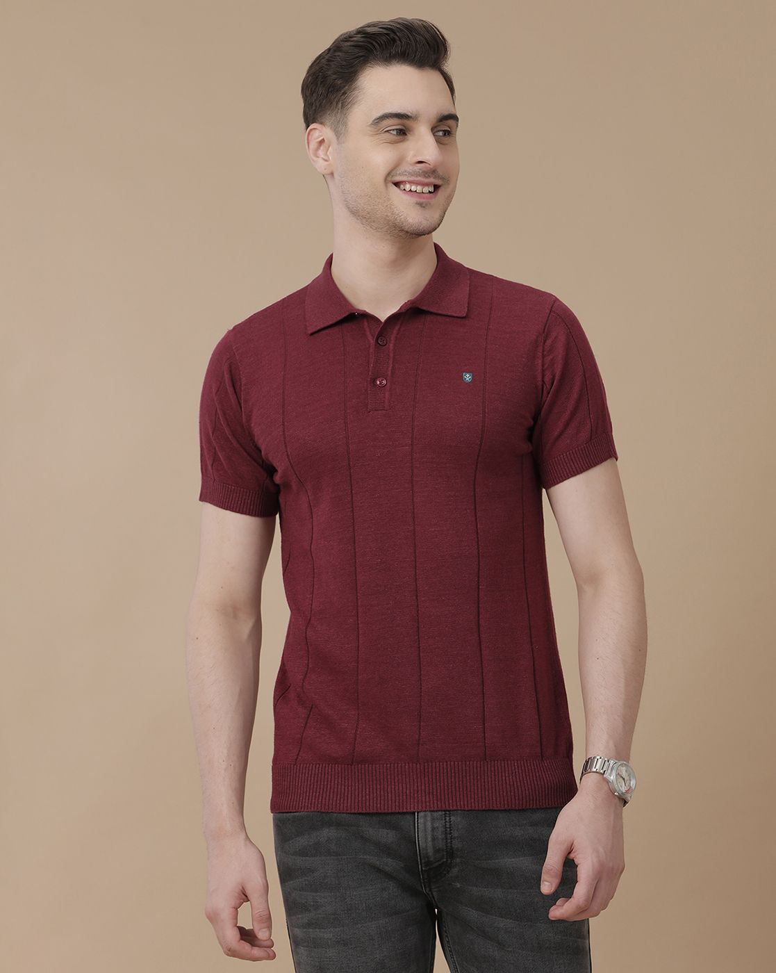 Men's Premium Blended Linen Red Striped Contemporary Fit Half Sleeve Polo Neck Casual T-Shirt