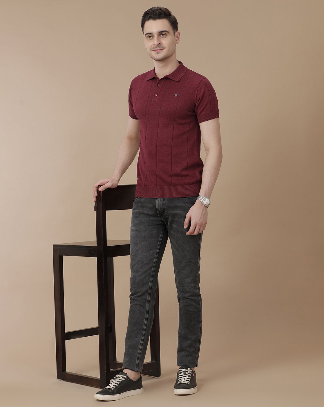 Men's Premium Blended Linen Red Striped Contemporary Fit Half Sleeve Polo Neck Casual T-Shirt