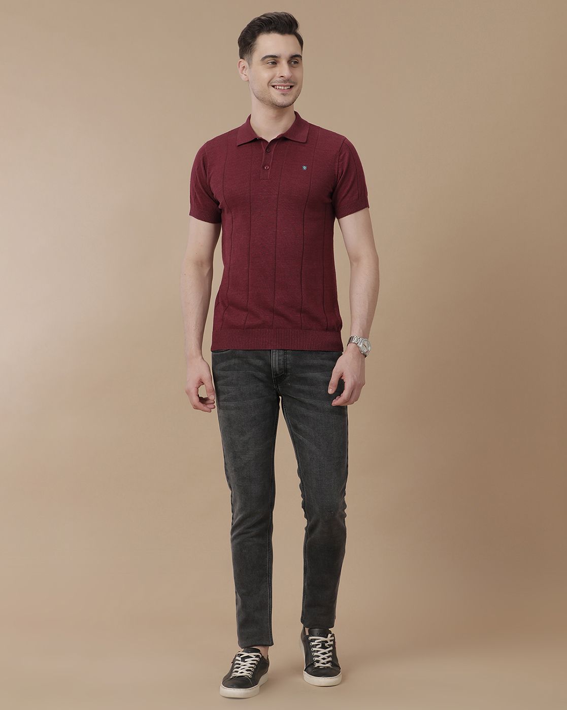 Men's Premium Blended Linen Red Striped Contemporary Fit Half Sleeve Polo Neck Casual T-Shirt