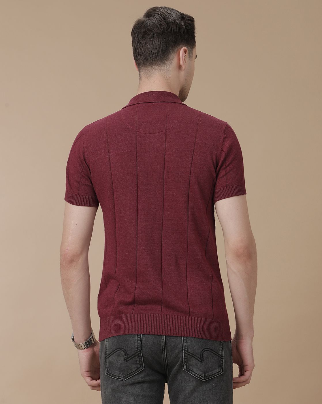 Men's Premium Blended Linen Red Striped Contemporary Fit Half Sleeve Polo Neck Casual T-Shirt