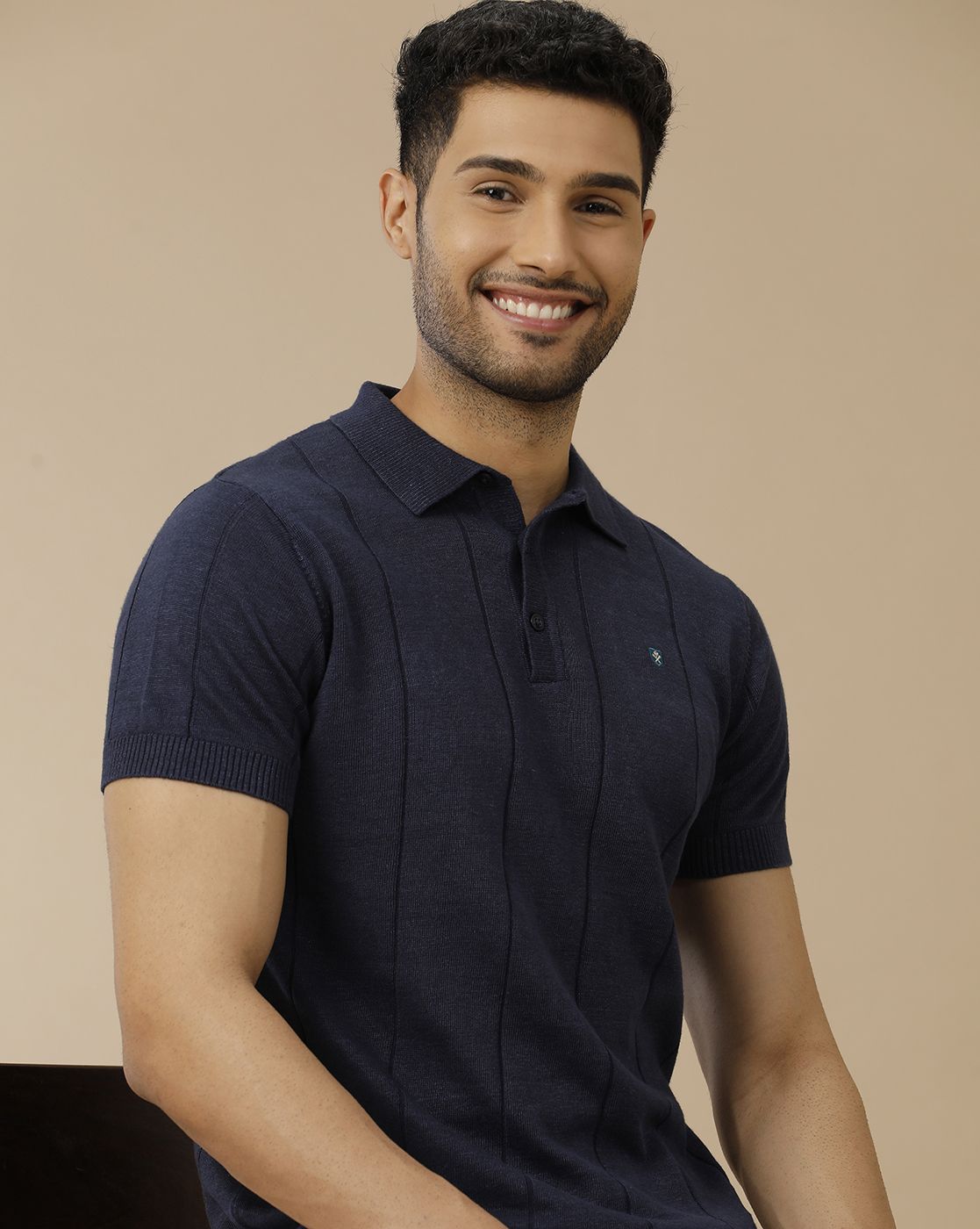 Men's Premium Blended Linen Navy Blue Striped Contemporary Fit Half Sleeve Polo Neck Casual T-Shirt