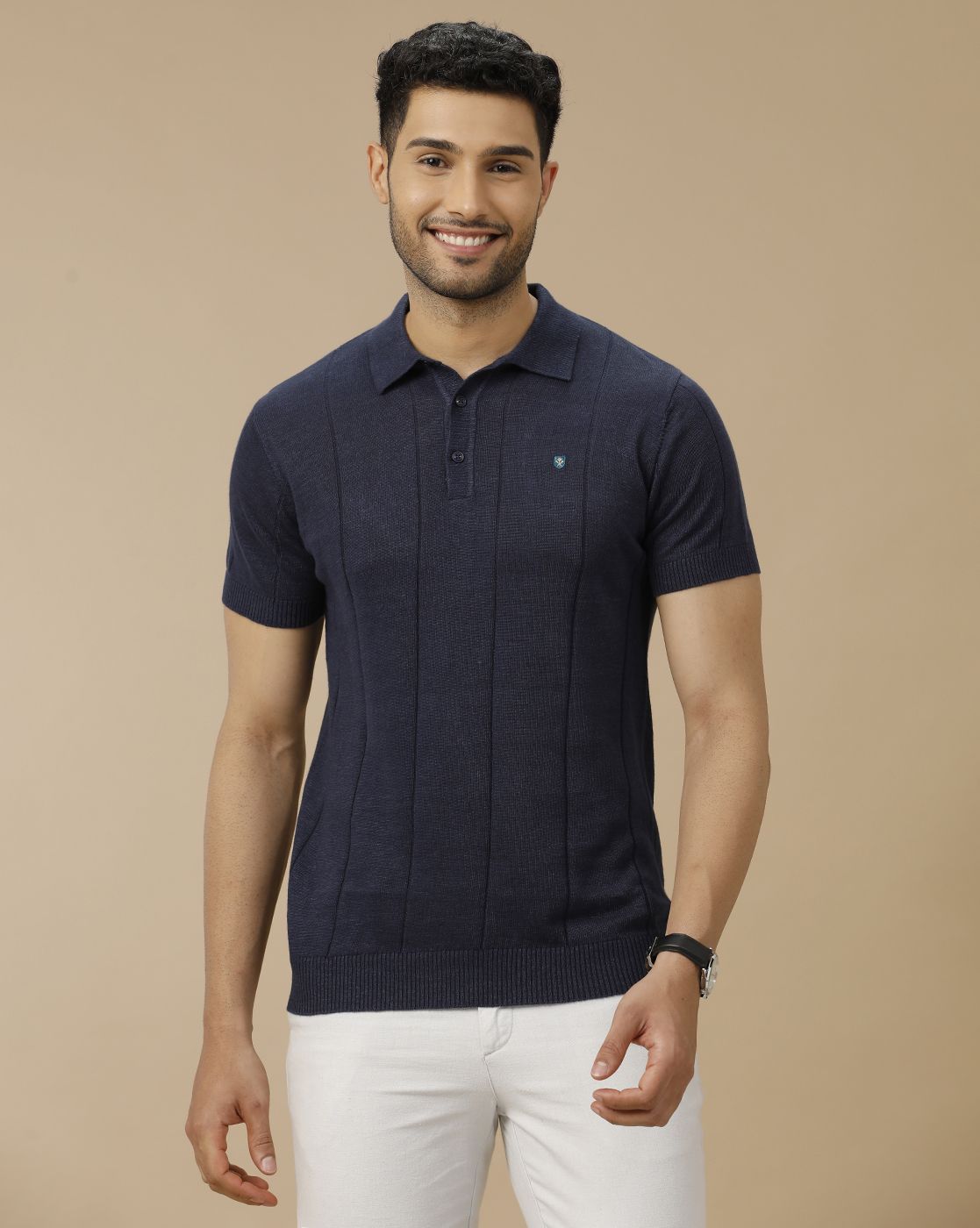 Men's Premium Blended Linen Navy Blue Striped Contemporary Fit Half Sleeve Polo Neck Casual T-Shirt