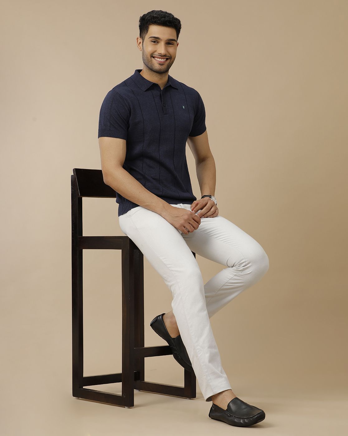 Men's Premium Blended Linen Navy Blue Striped Contemporary Fit Half Sleeve Polo Neck Casual T-Shirt